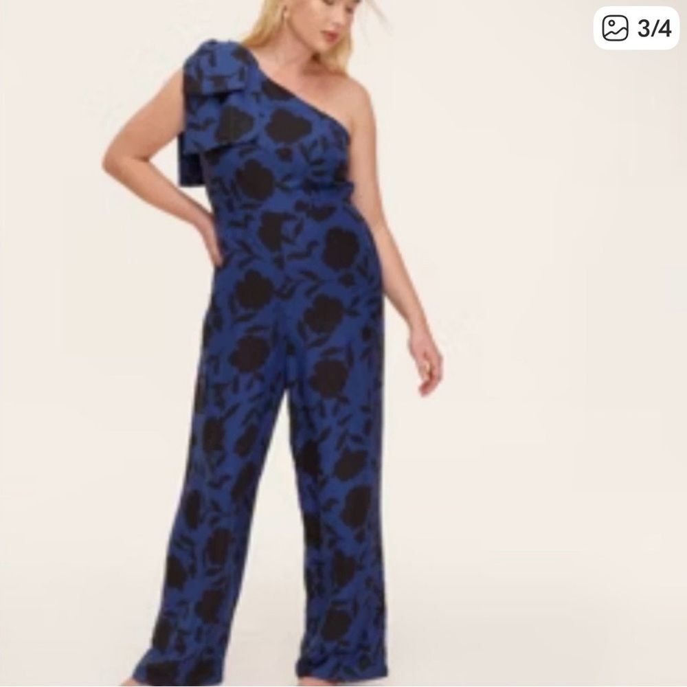 kate spade One-Shoulder Royal Blue and Black Floral Jumpsuit